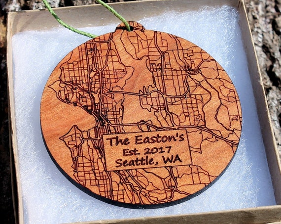 Custom Seattle Newlywed Ornament Graduation Wedding Engagement New Home Personalized Wood Map Ornament Baby First Christmas