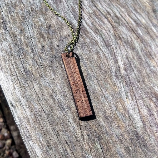 Personalized braille pendant necklace made from urban walnut wood // Christmas // birthday // anniversary // wedding // secret message