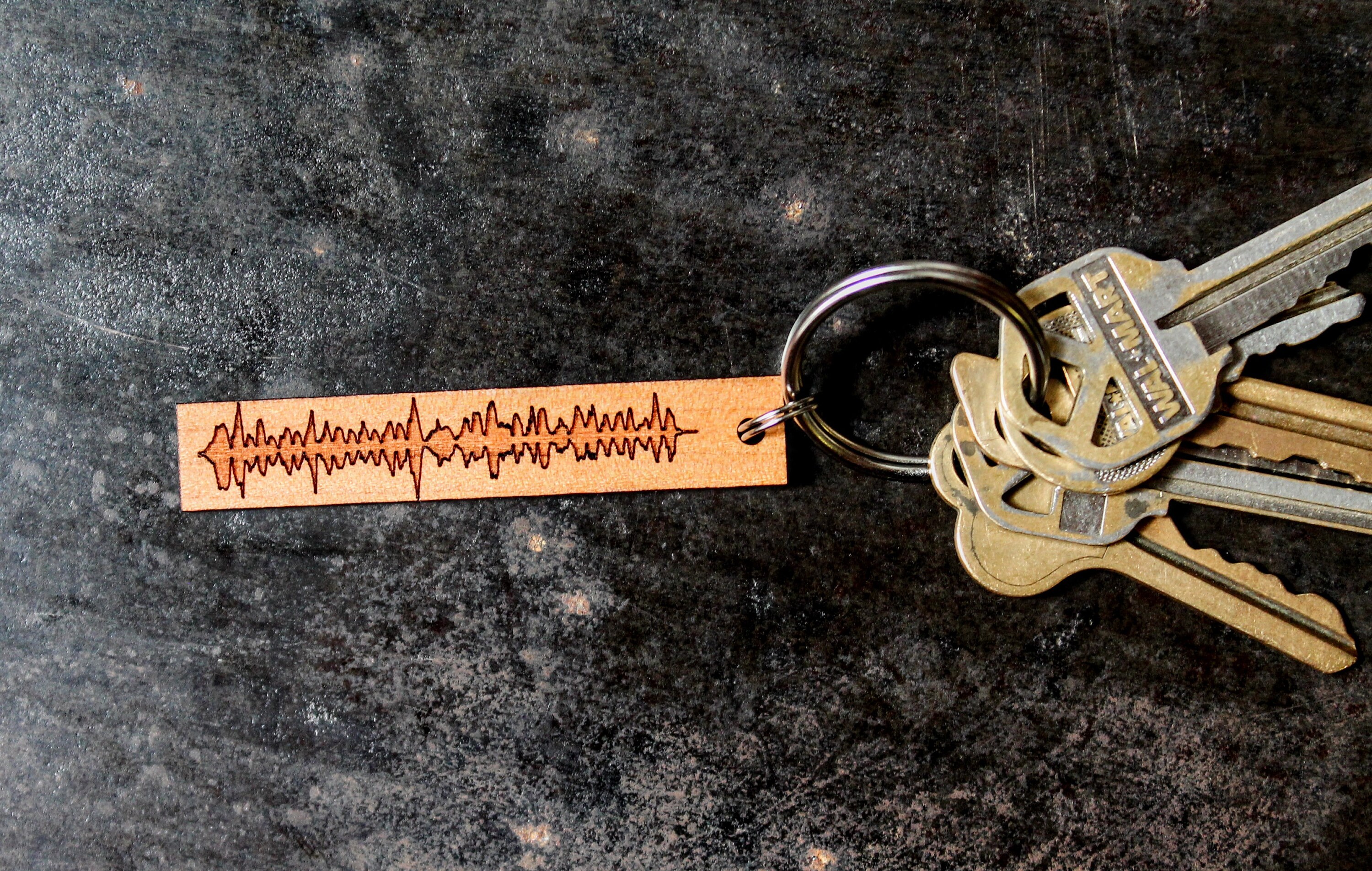 Personalized sound wave keychain made in the USA engraved wood