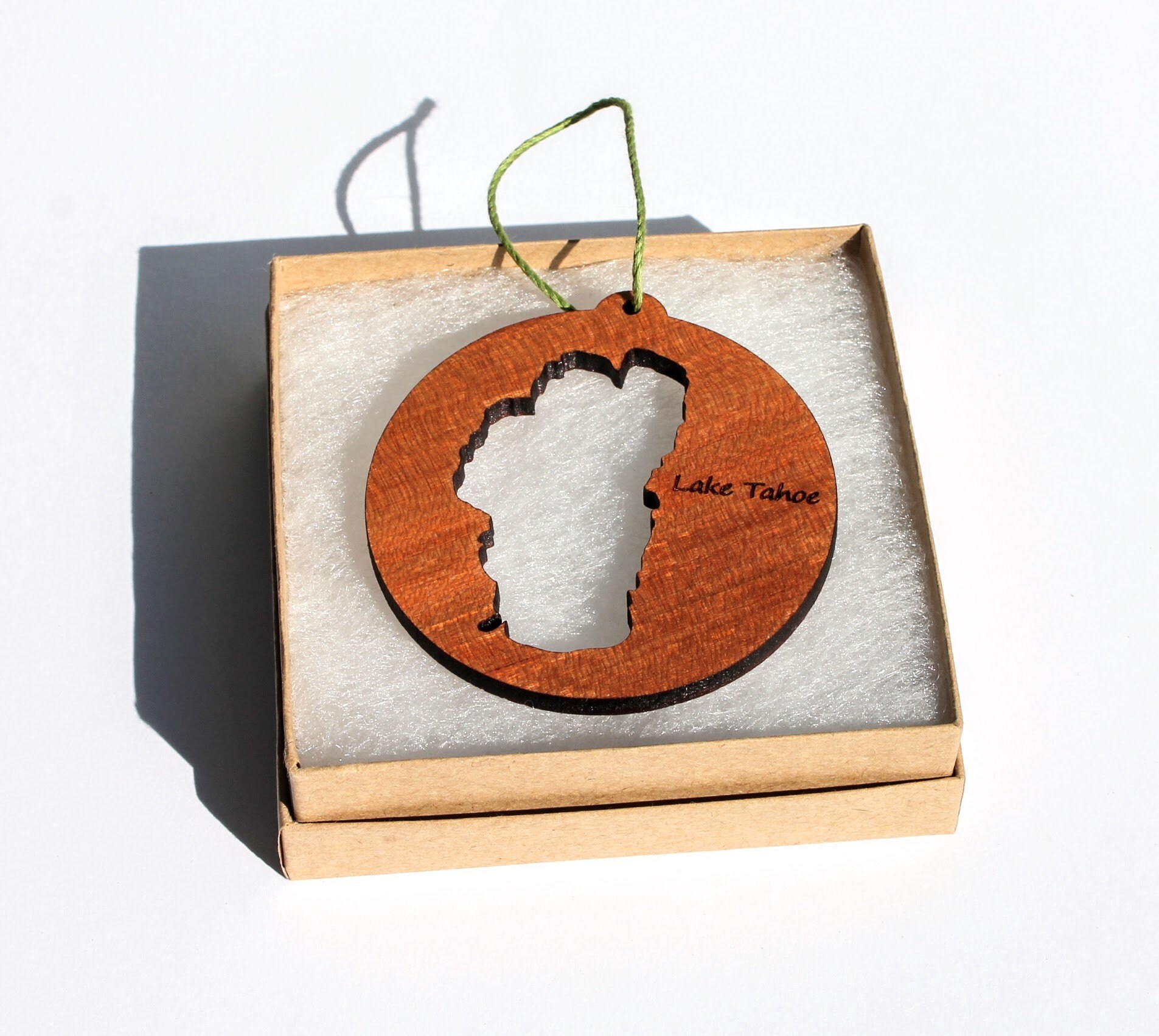 Lake Tahoe wood ornament made in the USA laser cut wood map