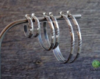 Sterling Silver Hoop Earrings Small/Medium/Large with Grooved Texture