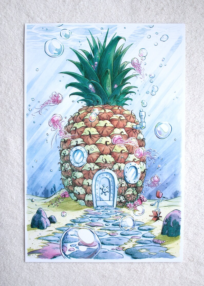 Pineapple Under the Sea Spongebob Watercolor Print Etsy