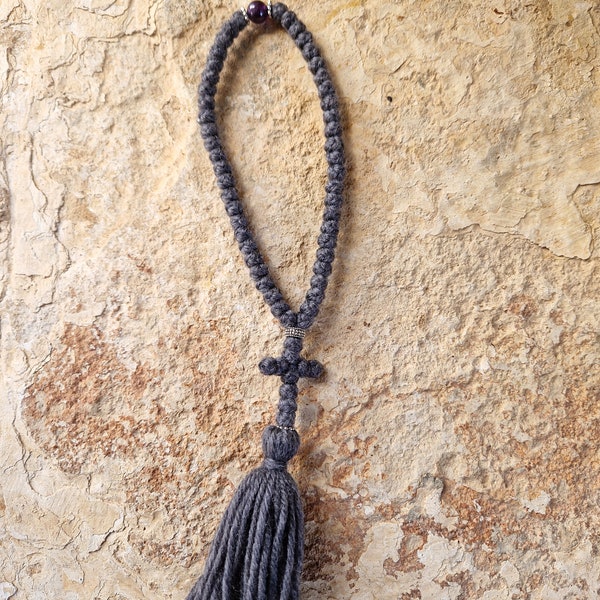 Orthodox  Wool Prayer Rope, Greek Komboskini, Russian Chotki, 50 knots,  amethyst bead, metal spacers, knotted Cross, with tassel.