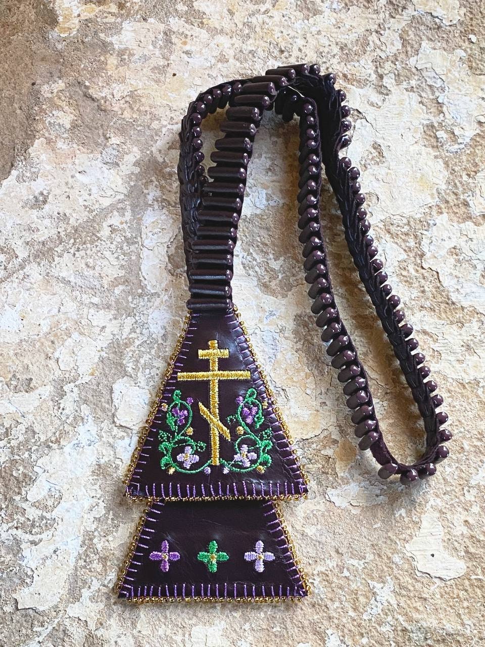 Russisch-Orthodoxe Serafim der Sarof Gebet Seil Lestovka, Naturleder, handgefertigt, bestickt, mit Rocailles verziert