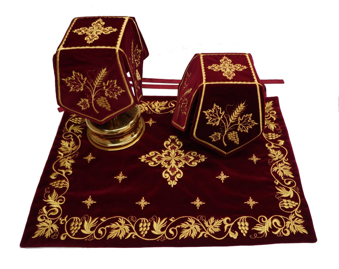 Orthodox Sponge Orthodox Set of Chalice Coverings, Gold Thread Embroidery on Red Velvet ...
