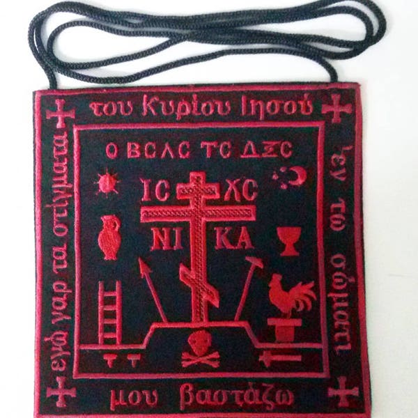 Greek Mikro-Schema. Red on black. Handmade. Embroidered.