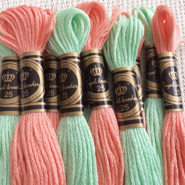 Echevettes en coton bicolores Saumon/vert, broderie, embroidery, kumihimo