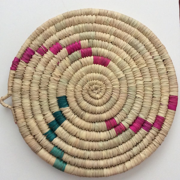 Green and pink braided trivet, Handicrafts, Handmade, Morocco, Tableware