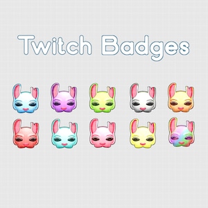 May include: Eight colorful Twitch badges featuring a cartoon llama with different colored fur and eyes. The badges are arranged in two rows of four.