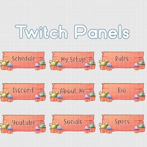May include: Nine pink and orange Twitch panels with cactus illustrations and text that reads "Schedule", "My Setup", "Rules", "Discord", "About Me", "Bio", "Youtube", "Socials", and "Specs".