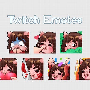 Peut inclure: Un ensemble de huit émoticônes Twitch représentant un cochon rose aux cheveux bruns dans diverses expressions, notamment pleurer, rougir, se cacher, tenir un cœur, tenir un couteau, célébrer et être surpris.