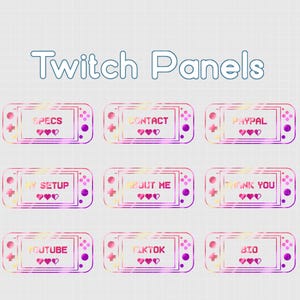 May include: Nine pink and purple Twitch panels with a video game controller design. Each panel has a different text label, including "Specs", "Contact", "Paypal", "My Setup", "About Me", "Thank You", "Youtube", "Tiktok", and "Bio".