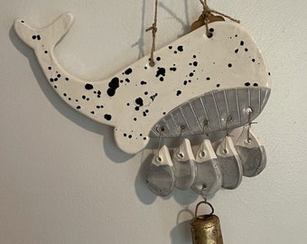 Ceramic Whale Gray and White Speckle Wind Chime with Antique Bell/Minimalistic/Boho Decor/Gypsy/Healing/Handmade/Simplistic/Organic