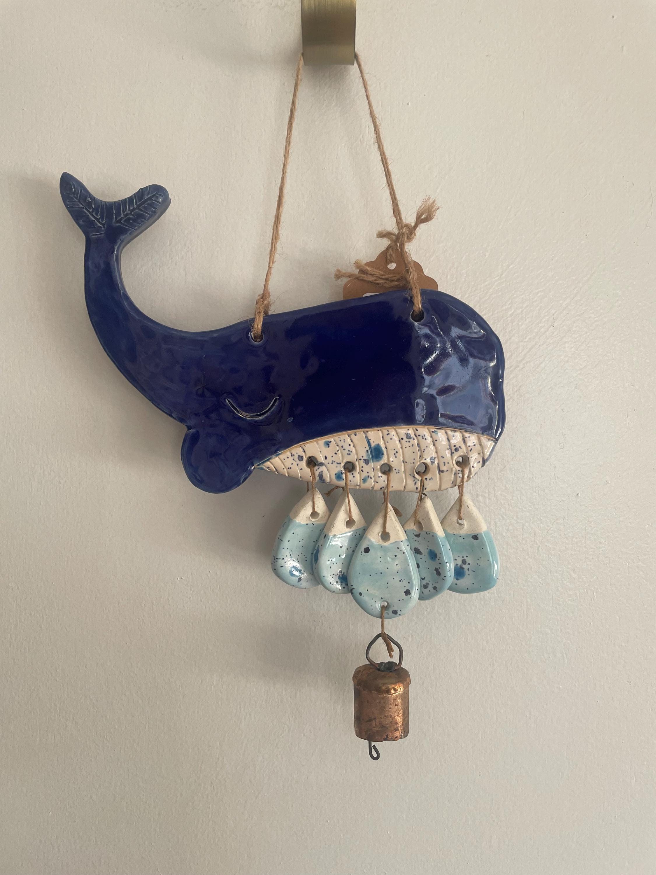 Ceramic Blue Whale Wind Chime with Antique Bell/Minimalistic/Boho Decor/Gypsy/Healing/Handmade/Simplistic/Organic