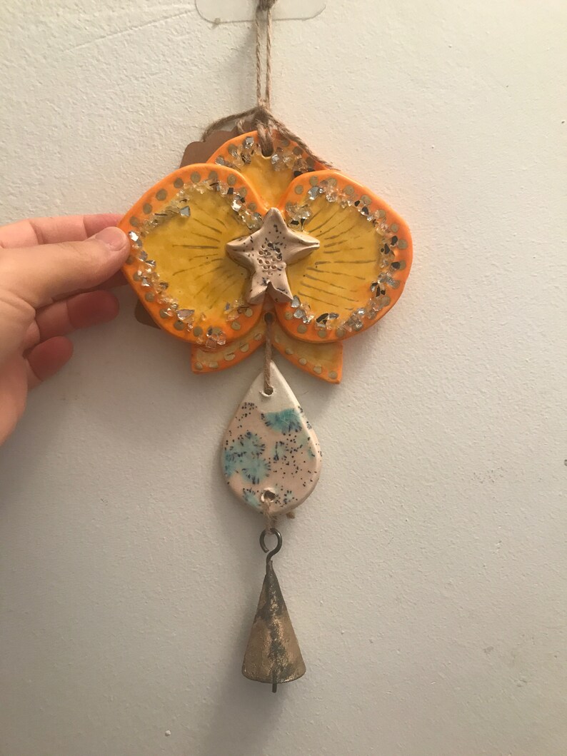 Ceramic Orange and Yellow Orchid Wall HangingMinimalisticBoho DecorGypsyHealingHandmadeSimplisticOrganic