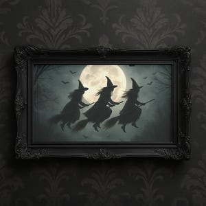 Witches Flying Across Full Moon – Dark Halloween Digital Art Printable, Gothic Witch Decor, Spooky Night Wall Art Download