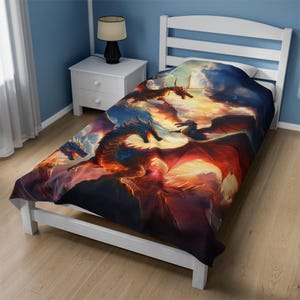 Dragon Print Throw, Velveteen Plush Blanket, Cozy Fantasy Bedding, Mythical Creature Gift, Soft Fleece Coverlet, Home Decor Accent