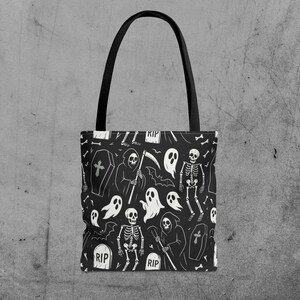 Halloween Skeleton Tote Bag, AOP Design, Spooky Theme, Trick or Treat Carryall, Perfect for Ghost Lovers, Halloween Decor Bag