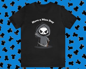 Camiseta de la Parca con el dedo medio: camiseta con humor atrevido