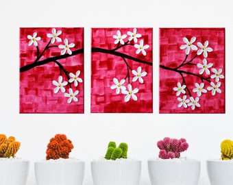 3 Piece Acrylic painting original abstract  wall art canvas art  modern art  with textured impasto flowers 24"x10"