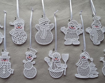 Snowman Ornaments-Christmas Ornaments Embroidered Ornaments Lace Ornaments FSL Ornaments Free Standing Lace Ornaments Single Set of 4 or 10