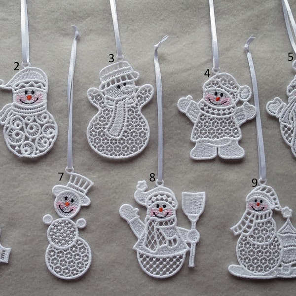 Snowman Ornaments-Christmas Ornaments Embroidered Ornaments Lace Ornaments FSL Ornaments Free Standing Lace Ornaments Single Set of 4 or 10