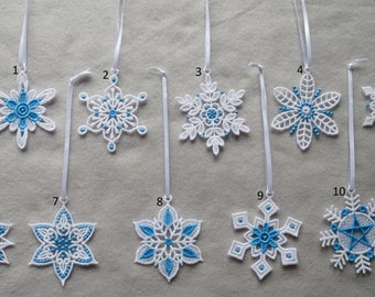 Blue Snowflake Lace Ornaments #1 Christmas Ornaments FSL Ornaments Lace Embroidered Ornaments Free Standing Lace Sets of 4 or 10