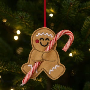 May include: A felt gingerbread man Christmas ornament with a smiling face, red cheeks, and white stitched details. It holds a red and white striped candy cane. The ornament hangs from a red ribbon against a blurred Christmas tree background.