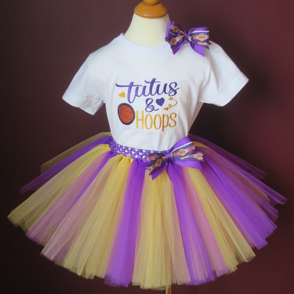 Tutus and Hoops Purple and Gold Tutu Basketball Tutu Embroidered Bodysuit or T-Shirt Gift For Basketball Fan You Choose Item and Size