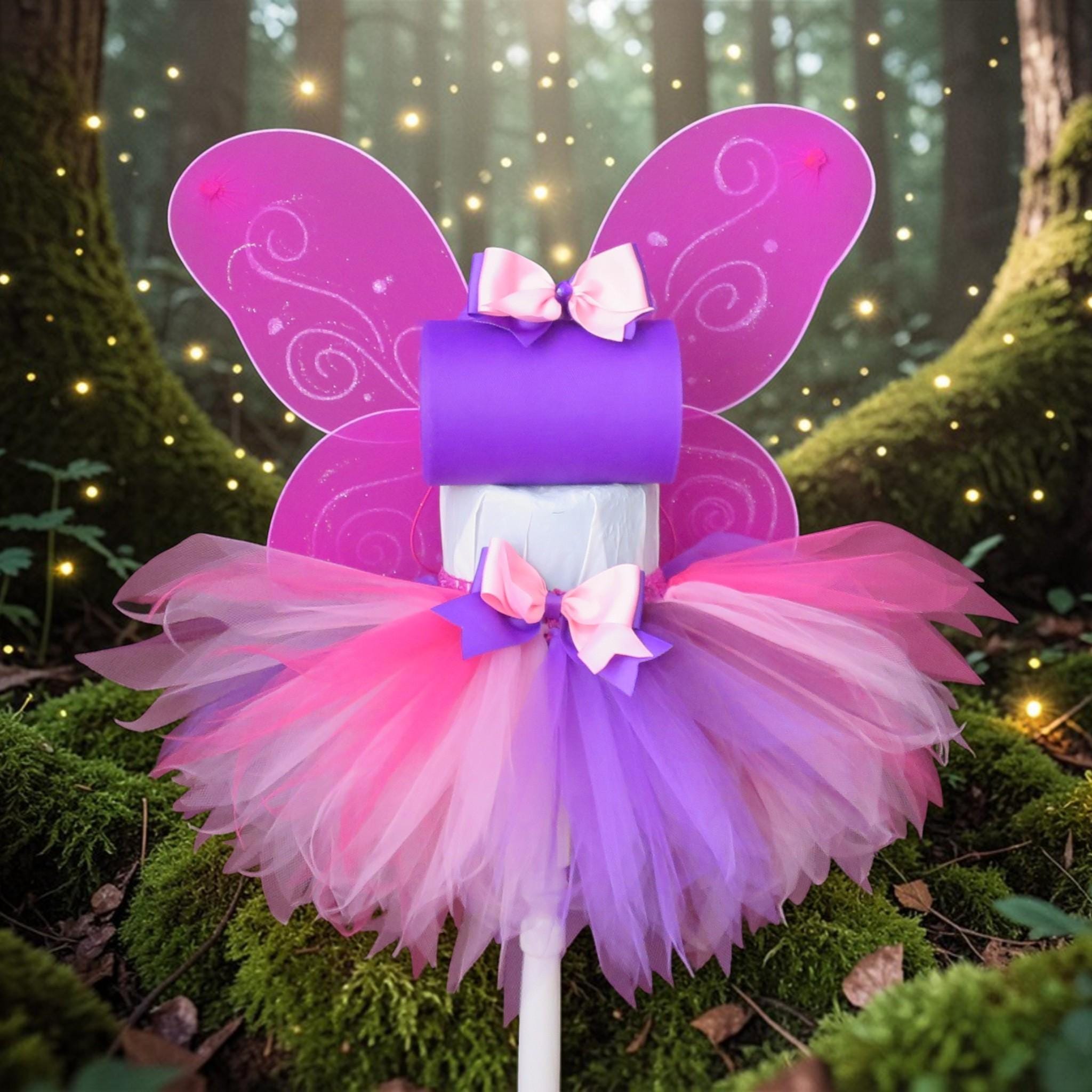 Pink Purple Fairy Tutu Costume with Wings and Hair Bow Fuchsia Hot Pink Pink