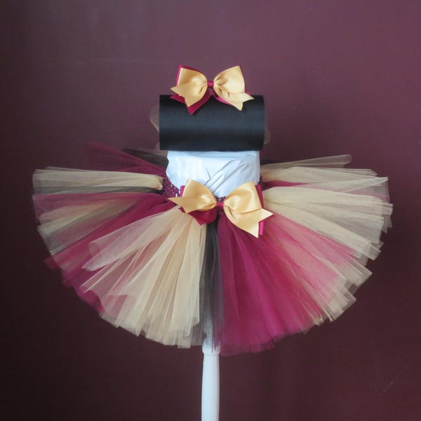 Wizard Inspired Tutu Burgundy Gold and Black Tulle Skirt with Hair Bow