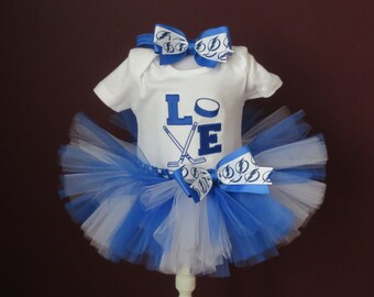 Love Hockey Blue and White Tutu Hockey Tutu Embroidered Bodysuit or T-Shirt You Choose Item and Size