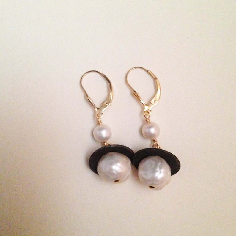 Queen of Swords White Freshwater Faceted Pearl Gold Filled Leverback Earrings Occult Tarot Jewelry Handmade Avant Garde Witch Earrings