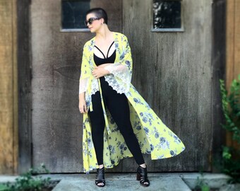 Long Yellow Floral Kimono Duster