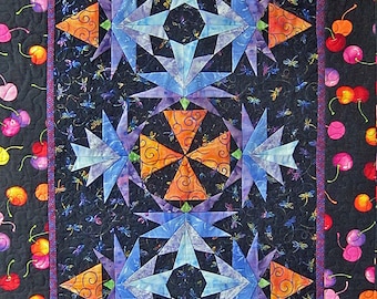 Floral Quilted Wall Hanging: Glowing! Holographic Dragonflies, Lilac Hues, Luminescent (25”x41.5”)