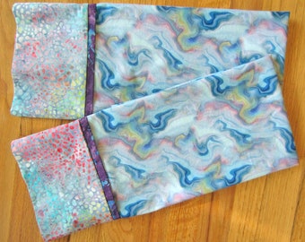 Marbled rainbow: unique all cotton standard-queen pillowcase w/ blues, fucshia, and more rainbow colors. 1 pair