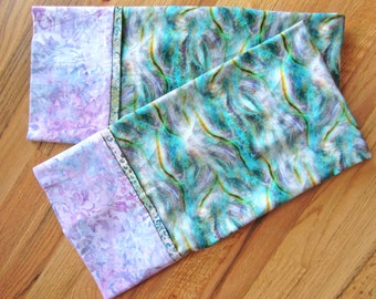 Luminous Love: all cotton standard-queen pillowcase w/ abstract lavender, teal, and emerald green ribbon swirls; 1 pair