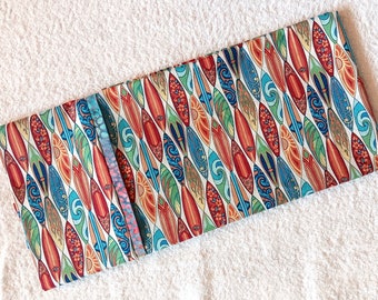 Classic Longboard: all cotton standard/queen pillowcases w/ multi-hued surfboard patterns