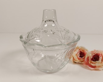 Vintage Clear Glass with Tulip Design Lidded Sugar Bowl Pot, Trinket Jar, Butter Dish, Multipurpose Glass Lidded Pot