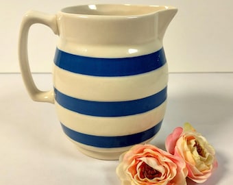 Vintage Chef Ware Staffordshire 1 Pint Blue/White Stripe Creamer Milk Jug, Retro Kitchen, Vintage Cottage
