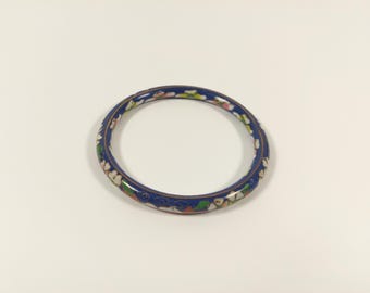 Vintage Small Cloisonne Enamel Blue Floral Bangle Bracelet Boho Hippie - Suitable For Young Girls/Women