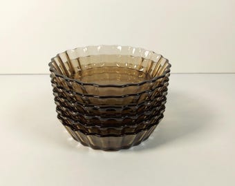 6 French Small Mini Arcopal Smokey Glass Fluted Tartlet Quiche Dishes