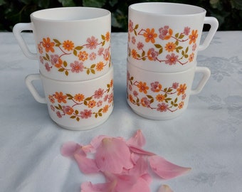 4 Retro French Arcopal Scania Pink & Orange Flowers Cups, Summer Vintage Ditsy Floral Design Tea Cups