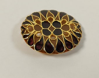 Vintage Gold Tone Red & Brown Round Cloisonne Brooch, Vintage Costume Jewellery