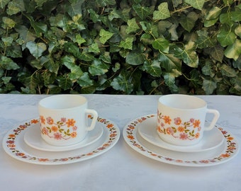 2 Retro French Arcopal Scania Pink & Orange Flowers Trios - Cup, Saucer and Cake/Side Plate, Summer Vintage Ditsy Floral Design Tea Cups