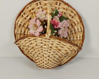 Vintage Woven Wicker Round Plant Flower Basket Wall Hanging Pocket Decor Country Cottage