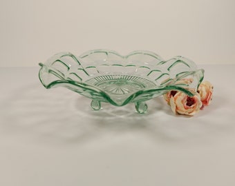 Vintage Green Glass Art Deco Style Footed Fluted Bowl Bon Bon Dish