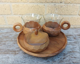 Vintage Willi Huggler 2 Wooden Hand Carved Coffee Cups, Sugar and Tray Set, Rustic Swiss Wooden Coffee/ Hot Chocolate Mugs