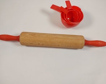 Vintage Wooden Rolling Pin with Red Handles, Kitchenalia