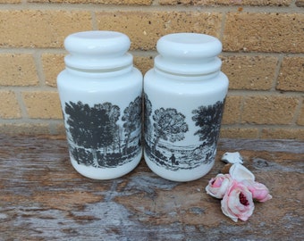 2 Vintage Milk Glass Countryside Tree Scene Rural Kitchen Storage Jars, Containers, Canisters, Country Kitchen